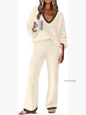 V-Neck Knit Sweater Lounge Set with Wide Leg Pants, Size Medium
